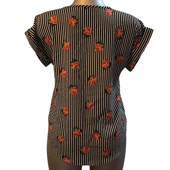 Floral Striped Blouse Career Office Lightweight Rosette Casual Rose Print boho - Picture 5 of 6